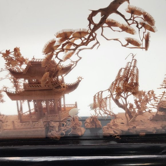Vtg. Chinese SAN YOU Diorama Cork Carving Glass Case Pagoda Trees & Cranes 6.5"H - Picture 7 of 11